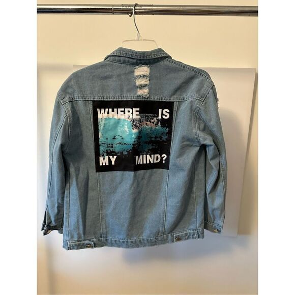 Denim distressed jacket oversized‎ fit Womens M Blue Festival Boho - Picture 1 of 4